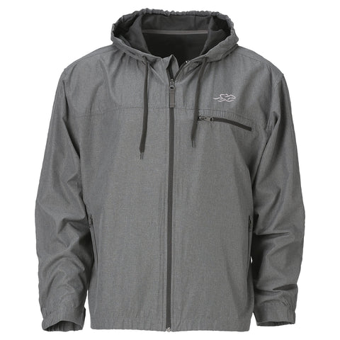 Lightweight gray polyester full zip hooded rain jacket with charcoal colored accent zippered chest pocket and EMBRACE THE RACE icon on left chest.