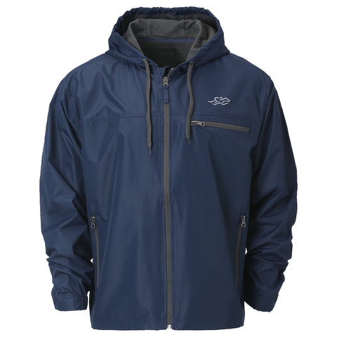 Lightweight navy polyester full zip hooded rain jacket with charcoal colored accent zippered chest pocket and EMBRACE THE RACE icon on left chest.