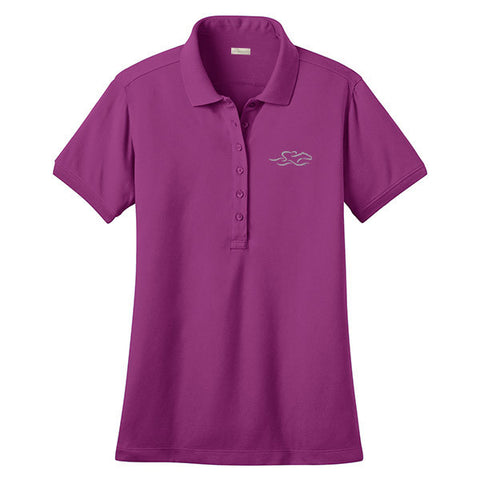A classic stretch performance polo in berry with the EMBRACE THE RACE logo embroidered on left chest.
