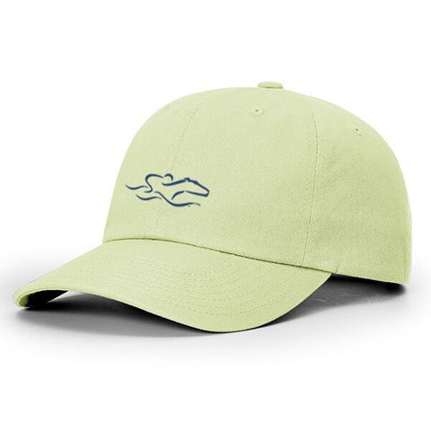 A lightweight cotton twill mint green hat with relaxed crown and adjustable. EMBRACE THE RACE icon center front and wordmark on the back.