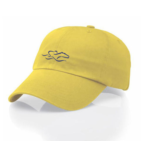 A garment washed cotton twill bright yellow hat with relaxed crown and adjustable buckle. EMBRACE THE RACE icon center front and wordmark on the back.
