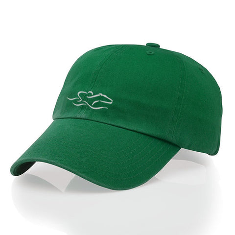 A garment washed cotton twill kelly green hat with relaxed crown and adjustable buckle. EMBRACE THE RACE icon center front and wordmark on the back.