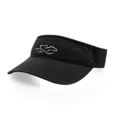A classic black visor with an adjustable backstrap. EMBRACE THE RACE icon center front wordmark on the backstrap.