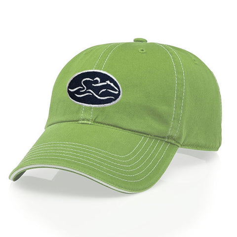 A relaxed fit patch style hat in lime green with white stitching. EMBRACE THE RACE icon center front in a patch style with white icon on a navy patch and wordmark on the back.