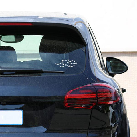 An EMBRACE THE RACE small vinyl white decal of our iconic logo. 9-1/2 inches from nose to tail.