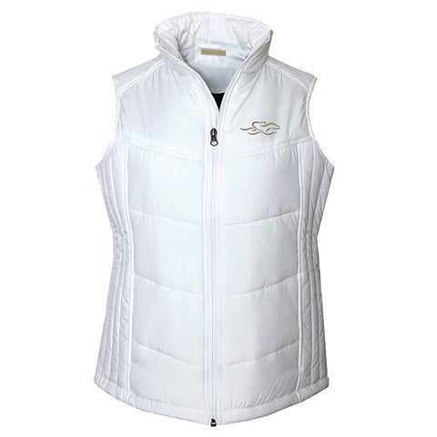 White puffy full zip vest with EMBRACE THE RACE logo embroidered on the left chest.