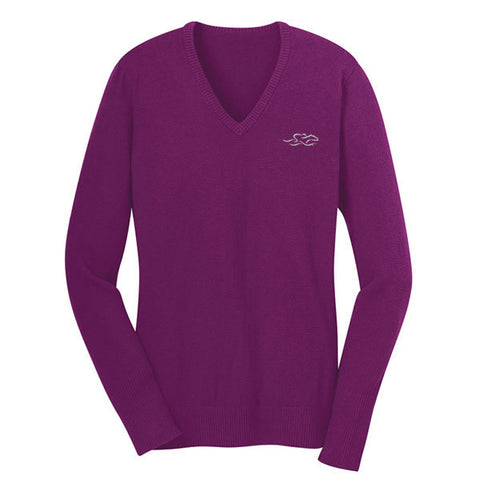 A fine gauge knit v neck sweater in berry. EMBRACE THE RACE logo embroidered on left chest.