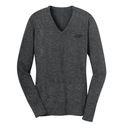 A fine gauge knit v neck sweater in gray. EMBRACE THE RACE logo embroidered on left chest.
