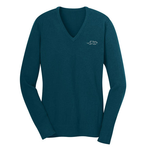 A fine gauge knit v neck sweater in turquoise. EMBRACE THE RACE logo embroidered on left chest.