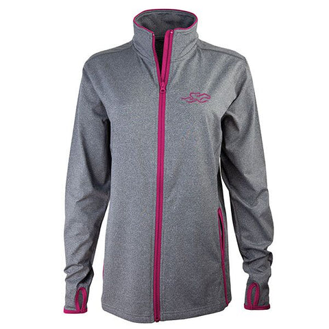 Gray full zip fitted jacket with contrasting berry zipper and trim.  Beautifully decorated with a matching EMBRACE THE RACE icon embroidered on the left chest.  Thumbholes for the perfect sporty look!  