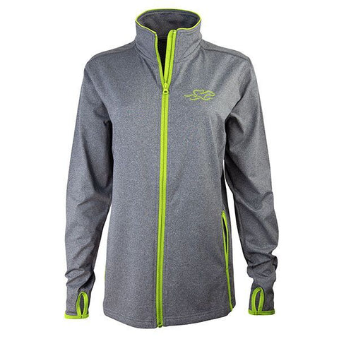 Gray full zip fitted jacket with contrasting lime green zipper and trim.  Beautifully decorated with a matching EMBRACE THE RACE icon embroidered on the left chest.  Thumbholes for the perfect sporty look!  