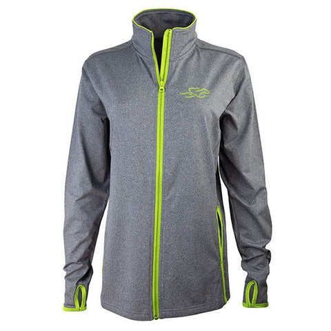 Gray full zip fitted jacket with contrasting lime green zipper and trim. Beautifully decorated with a matching EMBRACE THE RACE icon embroidered on the left chest. Thumbholes for the perfect sporty look!
