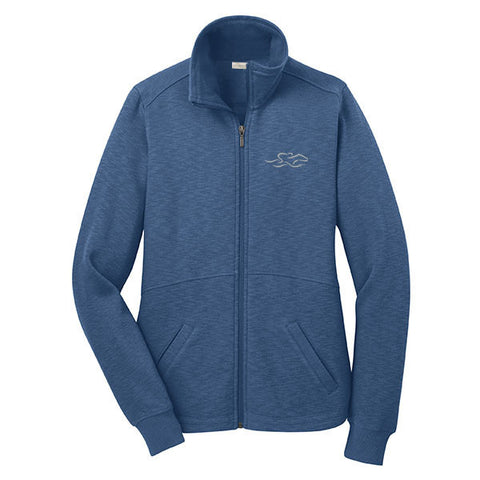 A full zip sophisticated fleece jacket in lake blue. EMBRACE THE RACE logo embroidered on left chest.