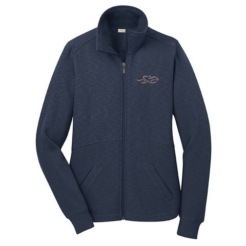 A full zip sophisticated fleece jacket in navy. EMBRACE THE RACE logo embroidered on left chest.