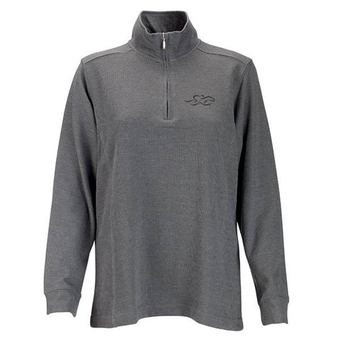 A harbor rib quarter zip sweater in gray. EMBRACE THE RACE logo embroidered on left chest.