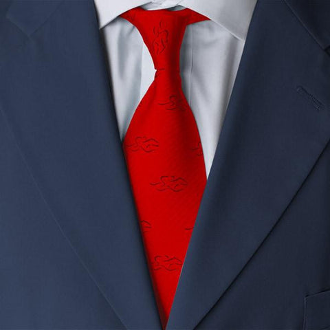 A mens red silk tie with navy EMBRACE THE RACE icon.