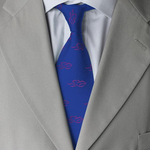 A mens royal blue silk tie with hot pink EMBRACE THE RACE icon.  