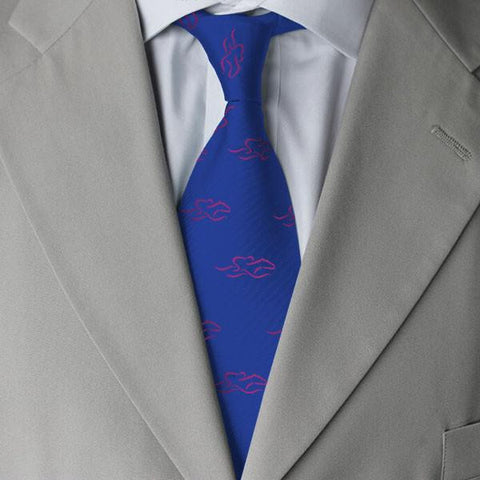 A mens royal blue silk tie with hot pink EMBRACE THE RACE icon.