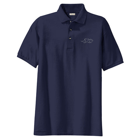 A kids soft navy pique classic polo with EMBRACE THE RACE logo embroidered on the left chest.