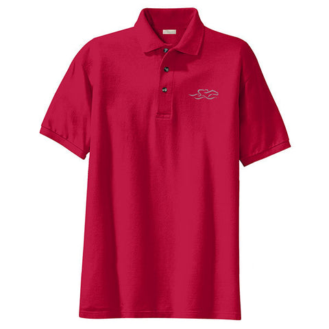 A kids soft red pique classic polo with EMBRACE THE RACE logo embroidered on the left chest. 