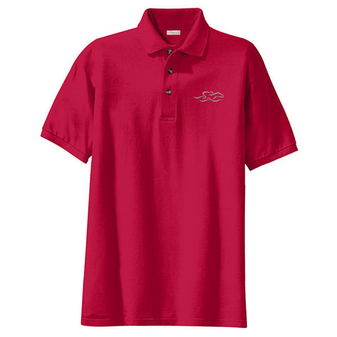 A kids soft red pique classic polo with EMBRACE THE RACE logo embroidered on the left chest.