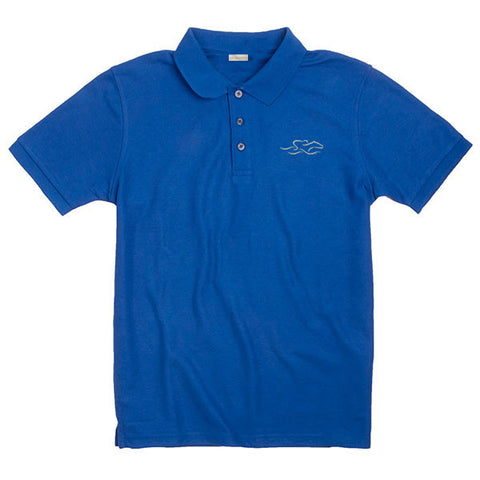 A kids soft royal pique classic polo with EMBRACE THE RACE logo embroidered on the left chest.