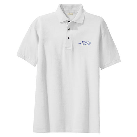 A kids soft white pique classic polo with navy EMBRACE THE RACE logo embroidered on the left chest. 