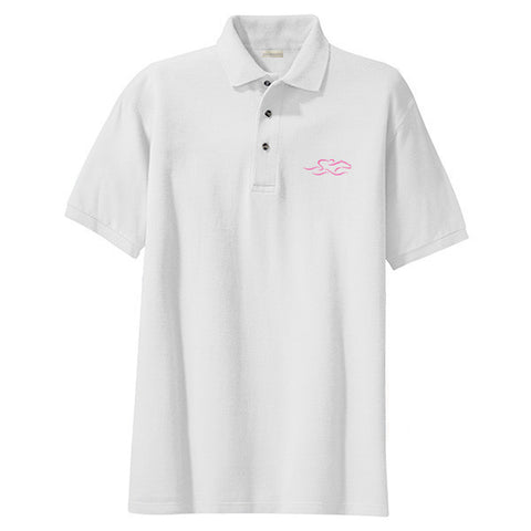 A kids soft white pique classic polo with pink EMBRACE THE RACE logo embroidered on the left chest. 