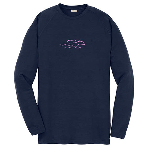 A kids navy performance stay dry long sleeve t-shirt with the EMBRACE THE RACE icon center front in pink.