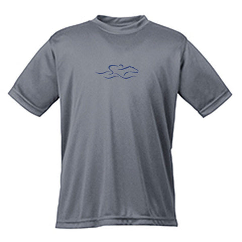 A kids gray performance stay dry t-shirt with the EMBRACE THE RACE icon center front.
