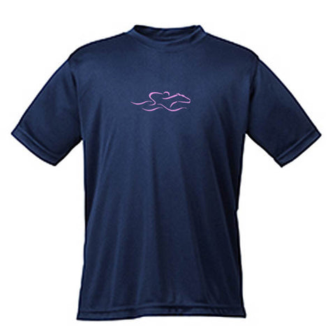 A kids navy performance stay dry t-shirt with the EMBRACE THE RACE icon center front.
