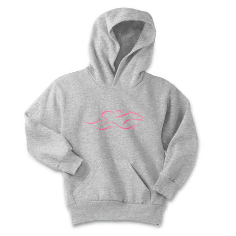 A kids gray hoodie sweatshirt with pink EMBRACE THE RACE logo center front. Workmark across the back shoulder.