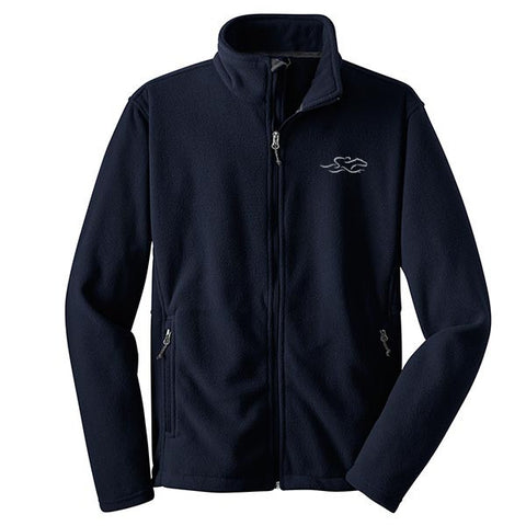 A navy full zip fleece jacket with EMBRACE THE RACE logo embroidered on the left chest.  