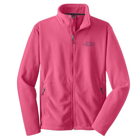A pink full zip fleece jacket with EMBRACE THE RACE logo embroidered on the left chest.