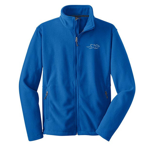 A royal full zip fleece jacket with EMBRACE THE RACE logo embroidered on the left chest.