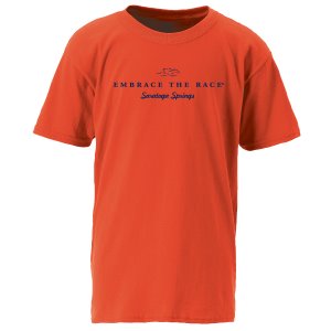 100% cotton youth short sleeve tee in orange with navy EMBRACE THE RACE logo and Saratoga Springs center front