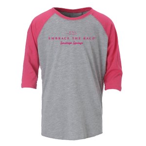 Heathered gray unisex baseball tee with contrast hot pink 3/4 length sleeves. EMBRACE THE RACE logo and Saratoga Springs printed center front in hot pink