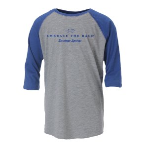 Heathered gray unisex baseball tee with contrast royal blue 3/4 length sleeves. EMBRACE THE RACE logo and Saratoga Springs printed center front in royal blue