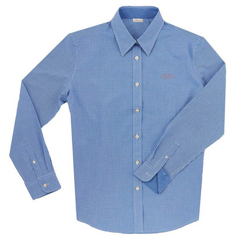 A Paddock Collection mini check ladies full button shirt in nautical blue. EMBRACE THE RACE logo embroidered on left chest in pink.
