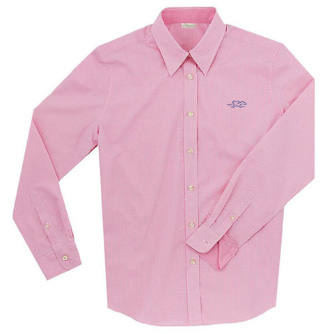 A Paddock Collection mini check ladies full button shirt in pink. EMBRACE THE RACE logo embroidered on left chest in navy