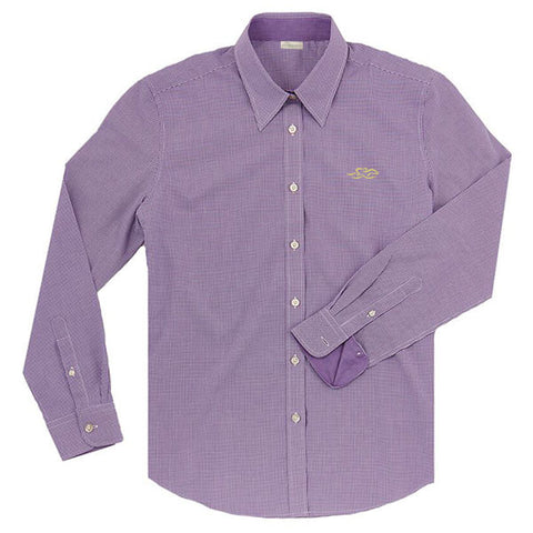 A Paddock Collection mini check ladies full button shirt in purple.  EMBRACE THE RACE logo embroidered on left chest in yellow.