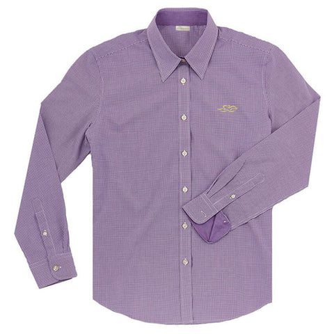 A Paddock Collection mini check ladies full button shirt in purple. EMBRACE THE RACE logo embroidered on left chest in yellow.