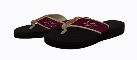 Mens black soled flip flops.  The straps are made of tan backing and cardinal EMBRACE THE RACE ribbon with our tan horse icon