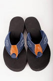 Mens black souled flip flops featuring our custom navy and white ribbon on navy backing.  