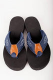 Mens black souled flip flops featuring our custom navy and white ribbon on navy backing.