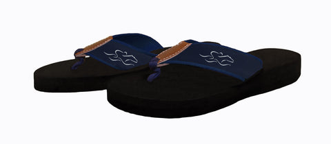 Mens black soled flip flops.  The straps are made of navy backing and navy EMBRACE THE RACE ribbon with our white horse icon