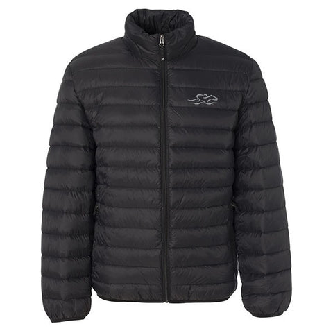 A black packable down stuffed puffer jacket. EMBRACE THE RACE logo embroidered on left chest.