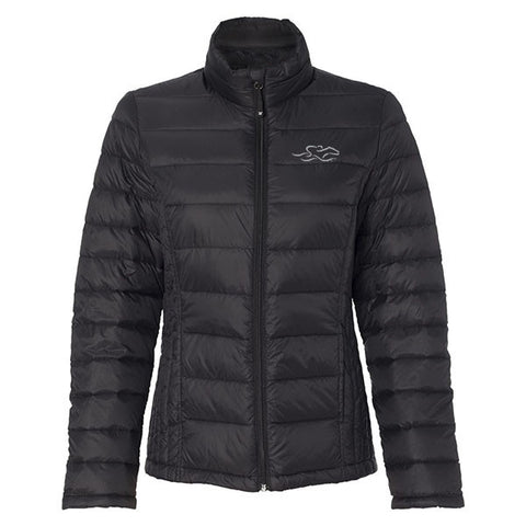 A ladies black down puffer jacket - black vertical seams down the sides as a feminine silhouette.  