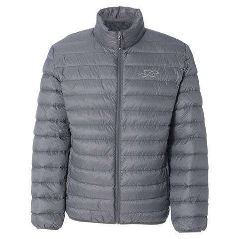 A gray packable down stuffed puffer jacket. EMBRACE THE RACE logo embroidered on left chest.