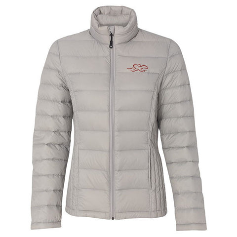 A stone colored packable down stuffed puffer jacket.  EMBRACE THE RACE logo embroidered on left chest. 
